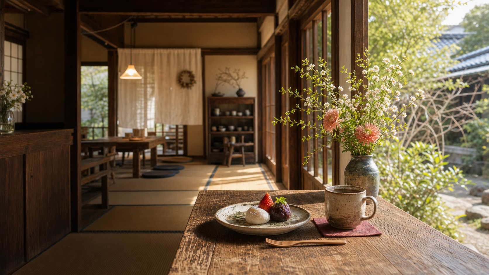 木漏れ日の入る古民家カフェの室内とおやつ
