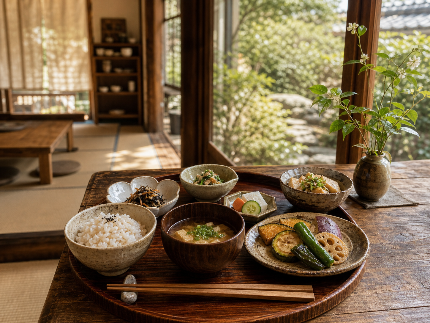 古民家カフェの木の机に置かれた季節のお昼ごはん