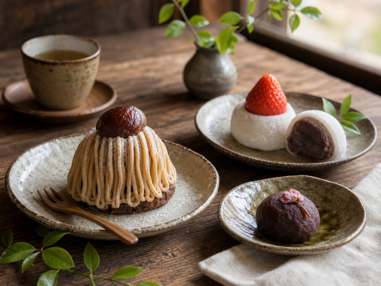 木の机に並ぶ季節の和菓子と手づくりのおやつ